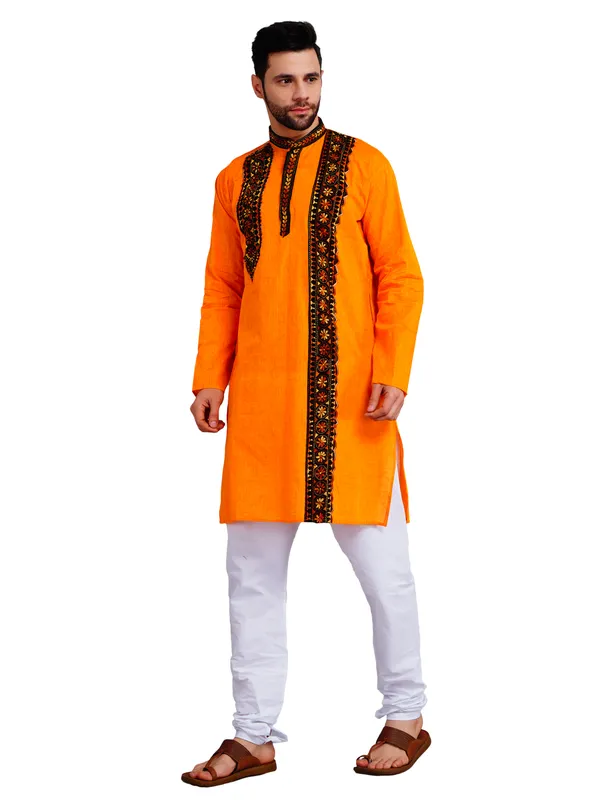 Orange_And_White_Cotton_Embroidered_Kurta_Pajama_Set_For_Men