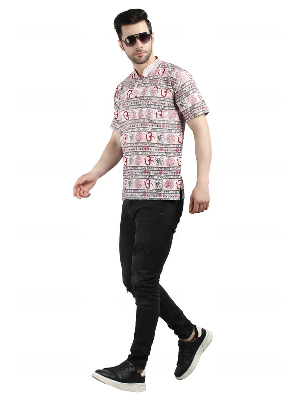 White_And_Red_Cotton_Ethnic_Print_Mandarin_Collar_Shirt_For_Men