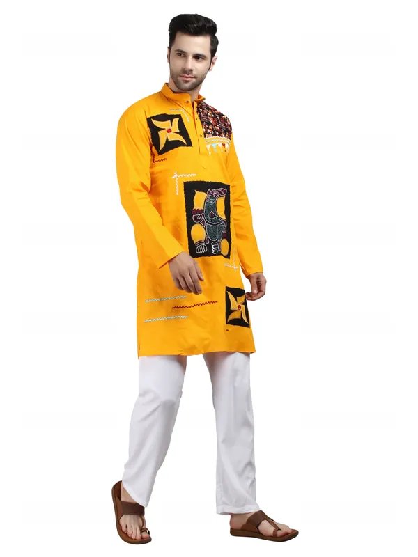 Mustard_Yellow_Cotton_Straight_Fit_Printed_Kurta_For_Men