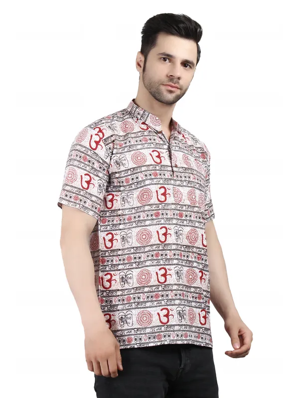 White_And_Red_Cotton_Ethnic_Print_Mandarin_Collar_Shirt_For_Men