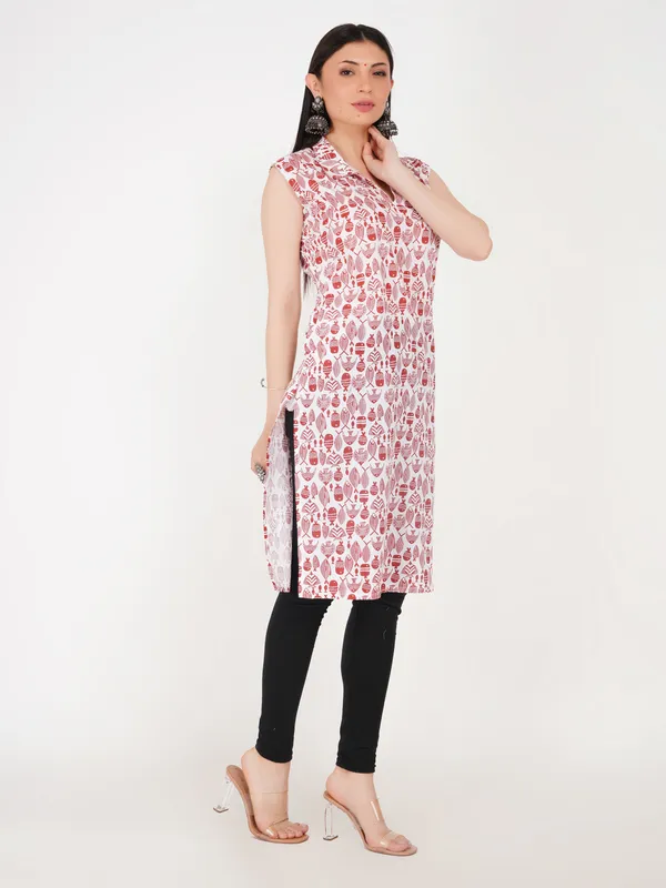 White_And_Red_Cotton_Straight_Fit_Floral_Print_Sleeveless_Kurti_For_Women