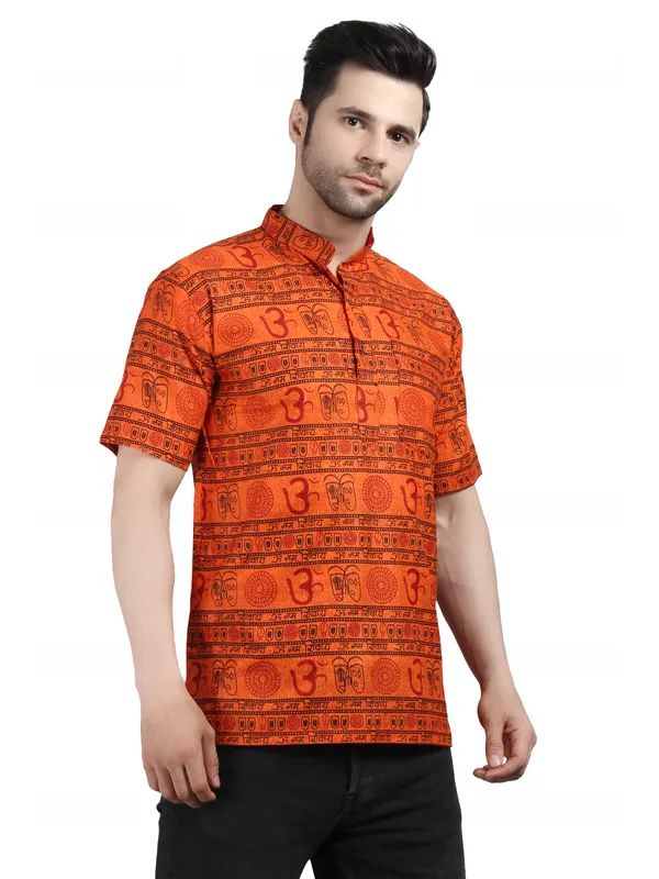 Orange_Cotton_Relaxed_Fit_Om_Print_Short_Sleeve_Kurta_For_Men