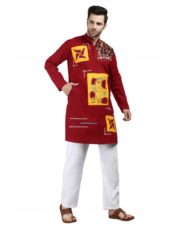 Maroon_Cotton_Straight_Fit_Embroidered_Kurta_Pajama_Set_For_Men