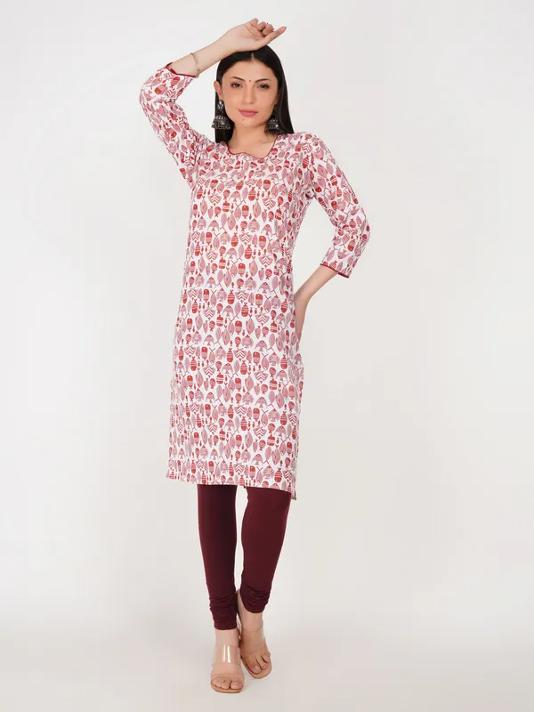 White_And_Red_Cotton_Straight_Fit_Floral_Print_Kurti_For_Women