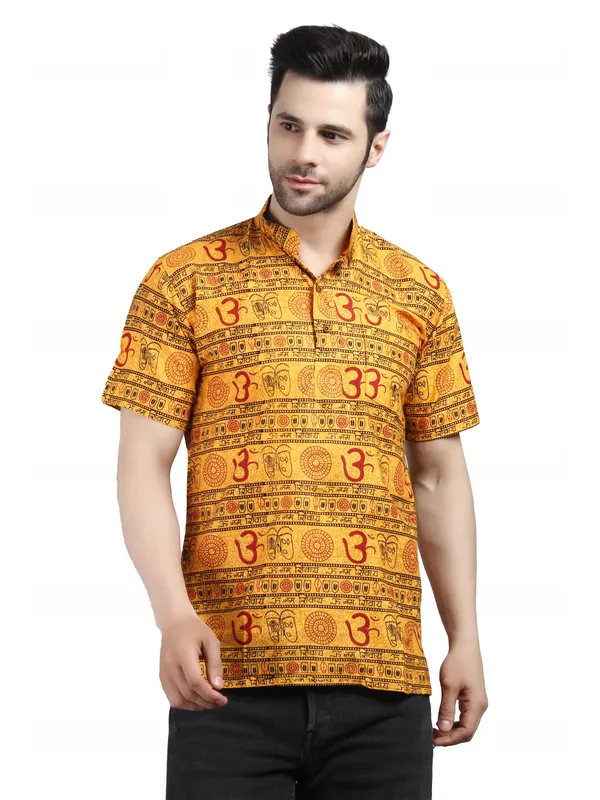 Yellow_Cotton_Regular_Fit_Om_Print_Short_Kurta_For_Men