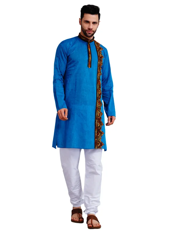 Blue_And_White_Cotton_Relaxed_Fit_Embroidered_Panel_Kurta_For_Men