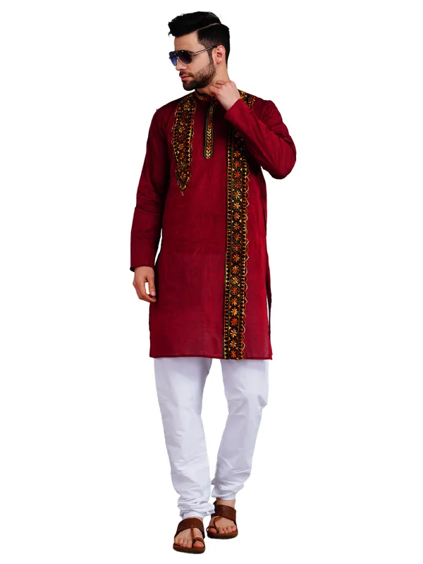 Maroon_And_White_Cotton_Straight_Fit_Embroidered_Kurta_Pajama_Set_For_Men