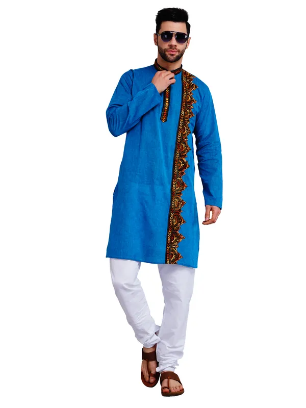 Blue_And_White_Cotton_Relaxed_Fit_Embroidered_Panel_Kurta_For_Men