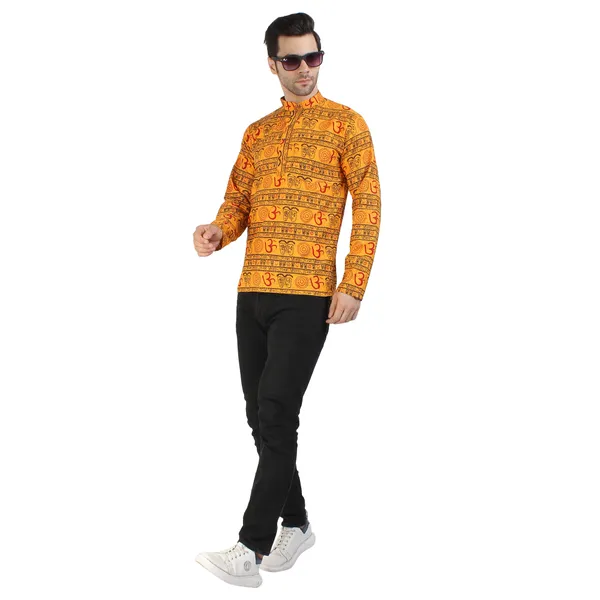 Yellow_Cotton_Printed_Mandarin_Collar_Kurta_For_Men