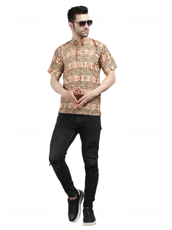 Beige_Cotton_Regular_Fit_Om_Print_Short_Kurta_For_Men