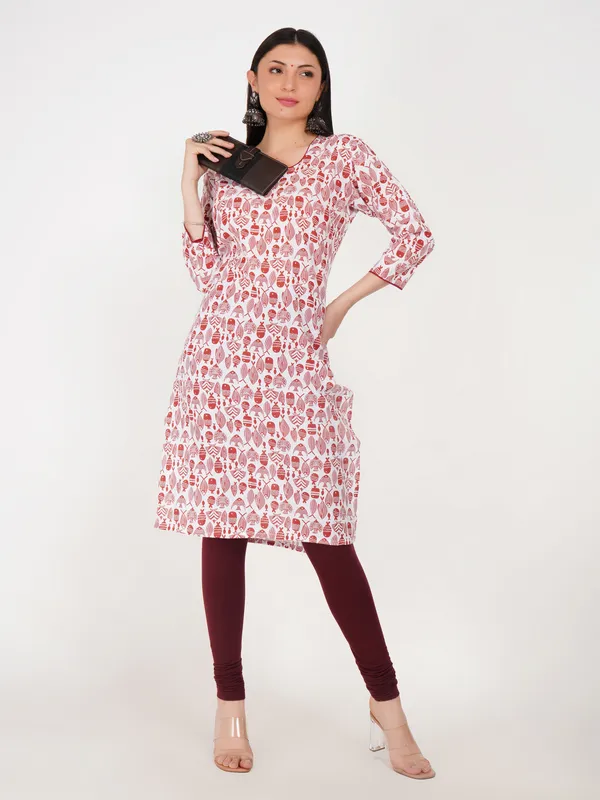 White_And_Red_Cotton_Straight_Fit_Floral_Print_Kurti_For_Women