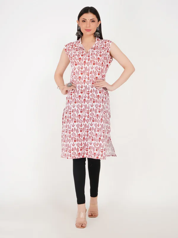 White_And_Red_Cotton_Straight_Fit_Floral_Print_Sleeveless_Kurti_For_Women