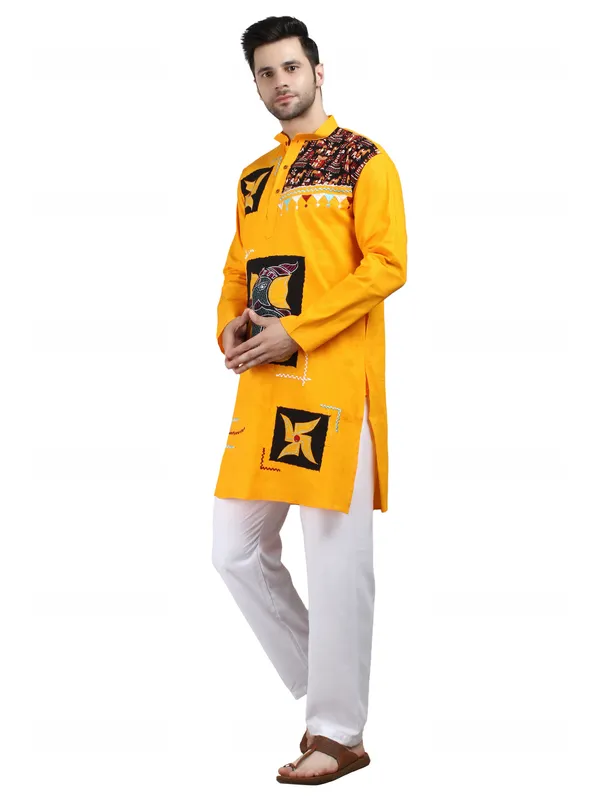Mustard_Yellow_Cotton_Straight_Fit_Printed_Kurta_For_Men