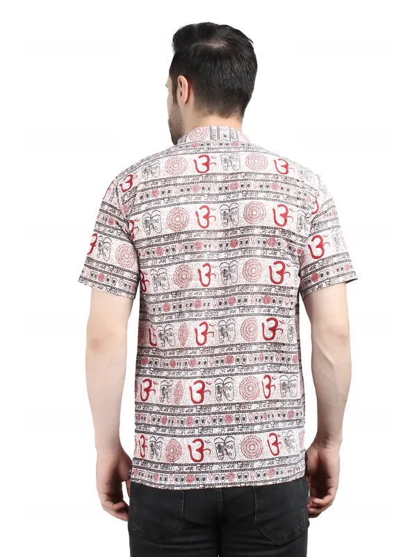White_And_Red_Cotton_Ethnic_Print_Mandarin_Collar_Shirt_For_Men
