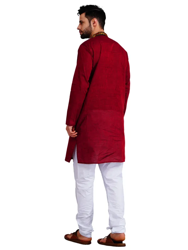 Maroon_And_White_Cotton_Straight_Fit_Embroidered_Kurta_Pajama_Set_For_Men