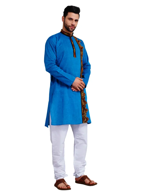 Blue_And_White_Cotton_Relaxed_Fit_Embroidered_Panel_Kurta_For_Men