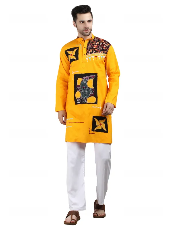 Mustard_Yellow_Cotton_Straight_Fit_Printed_Kurta_For_Men