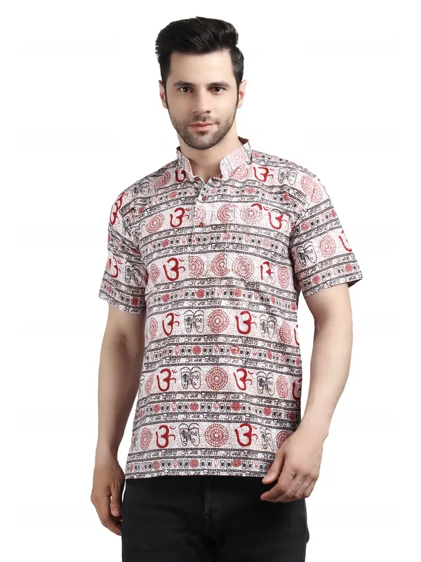 White_And_Red_Cotton_Ethnic_Print_Mandarin_Collar_Shirt_For_Men