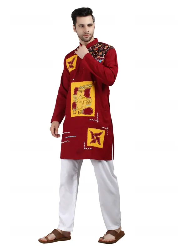 Maroon_Cotton_Straight_Fit_Embroidered_Kurta_Pajama_Set_For_Men