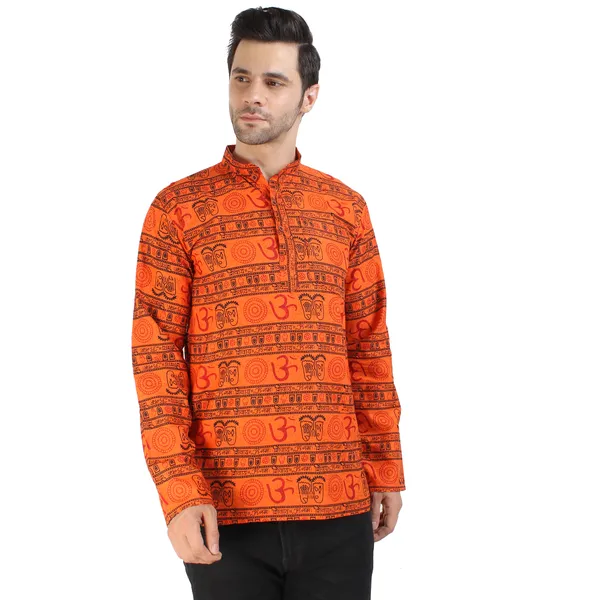 Orange_Cotton_Regular_Fit_Om_Print_Full_Sleeve_Short_Kurta_For_Men