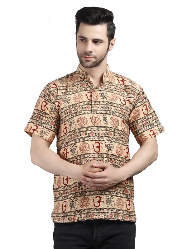 Beige_Cotton_Regular_Fit_Om_Print_Short_Kurta_For_Men