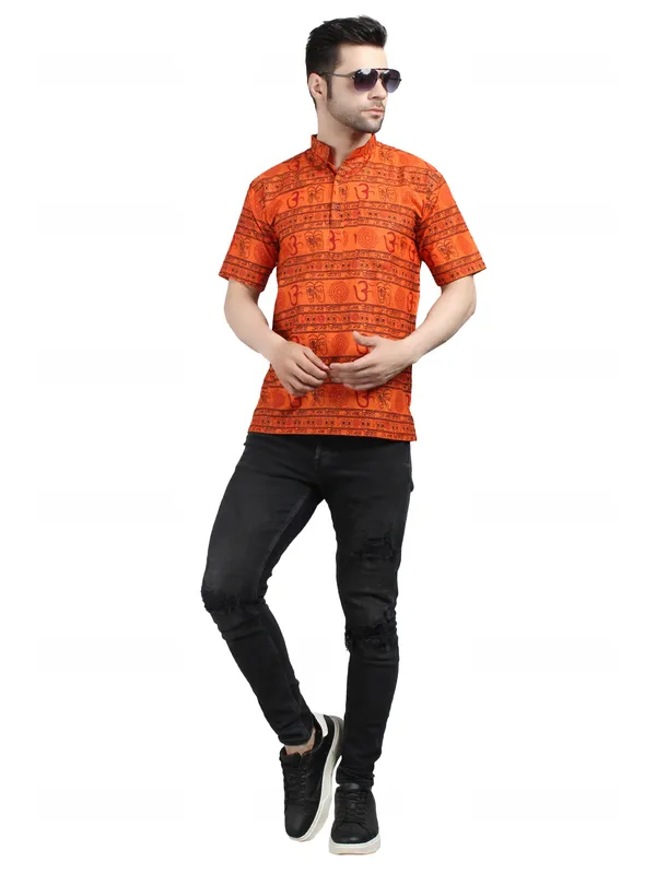 Orange_Cotton_Relaxed_Fit_Om_Print_Short_Sleeve_Kurta_For_Men