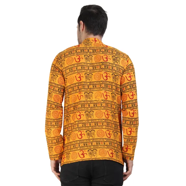 Yellow_Cotton_Printed_Mandarin_Collar_Kurta_For_Men