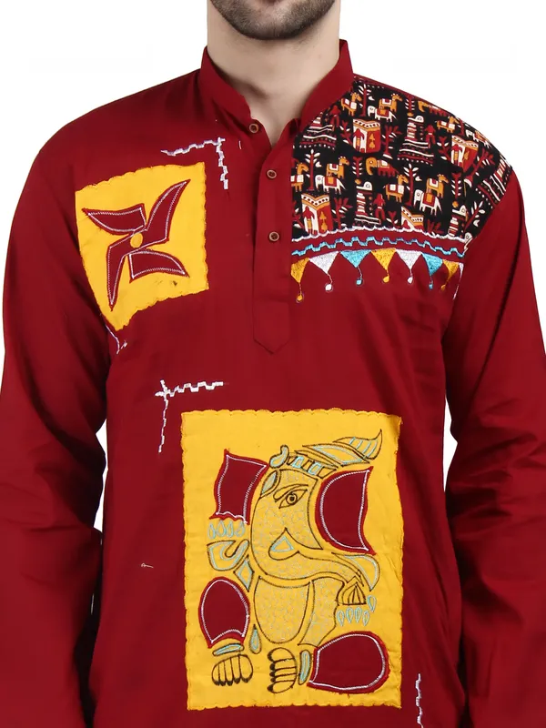 Maroon_Cotton_Straight_Fit_Embroidered_Kurta_Pajama_Set_For_Men