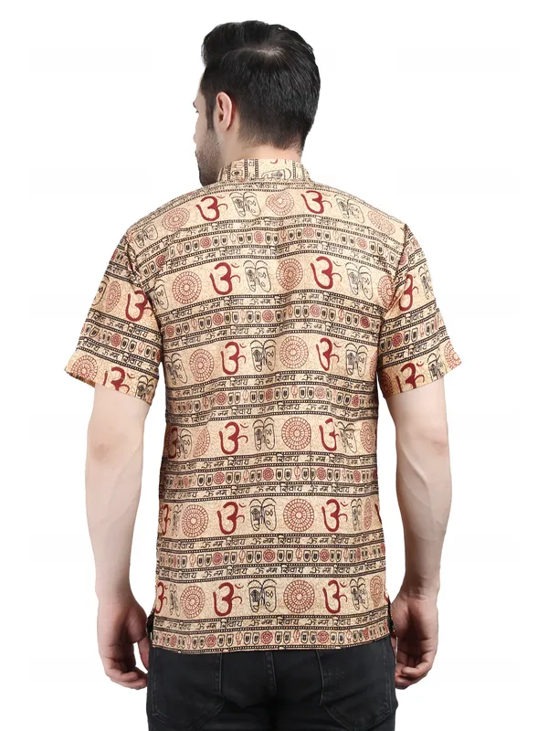 Beige_Cotton_Regular_Fit_Om_Print_Short_Kurta_For_Men