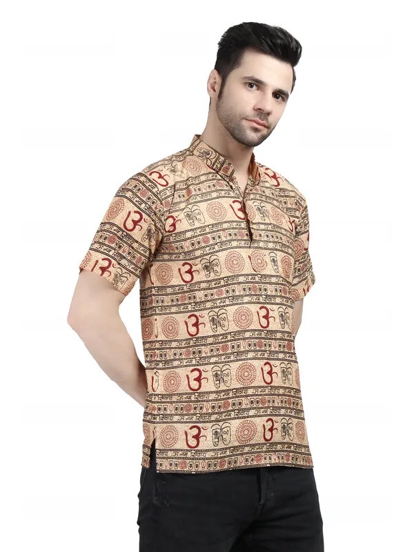 Beige_Cotton_Regular_Fit_Om_Print_Short_Kurta_For_Men