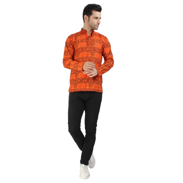 Orange_Cotton_Regular_Fit_Om_Print_Full_Sleeve_Short_Kurta_For_Men