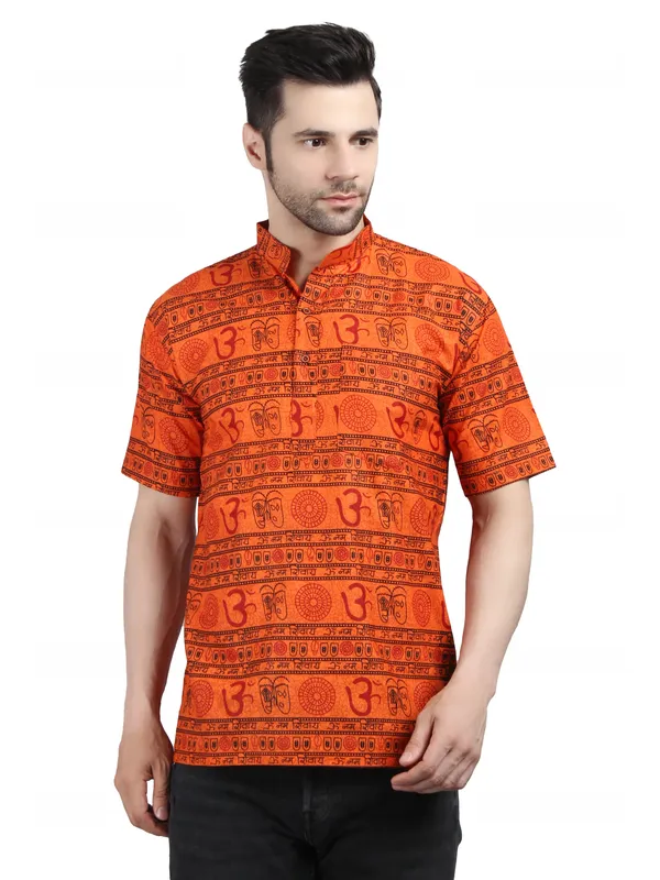 Orange_Cotton_Relaxed_Fit_Om_Print_Short_Sleeve_Kurta_For_Men