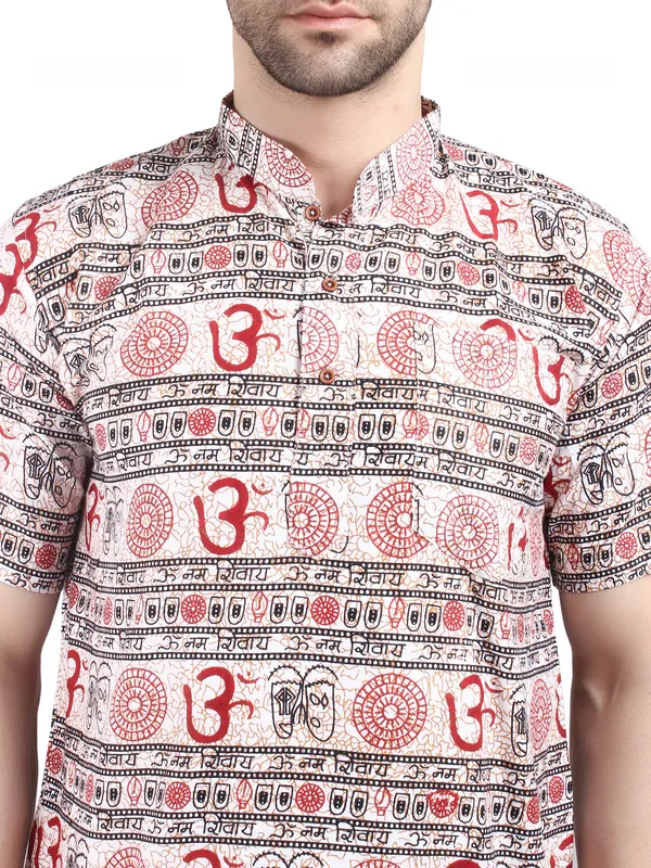 White_And_Red_Cotton_Ethnic_Print_Mandarin_Collar_Shirt_For_Men