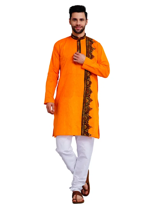 Orange_And_White_Cotton_Embroidered_Kurta_Pajama_Set_For_Men