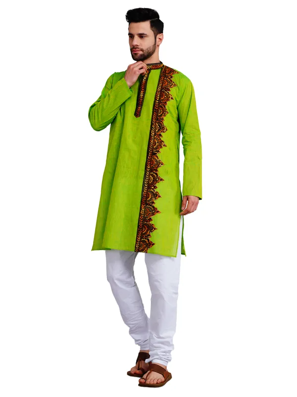 Green_And_White_Cotton_Straight_Fit_Embroidered_Kurta_Pajama_Set_For_Men