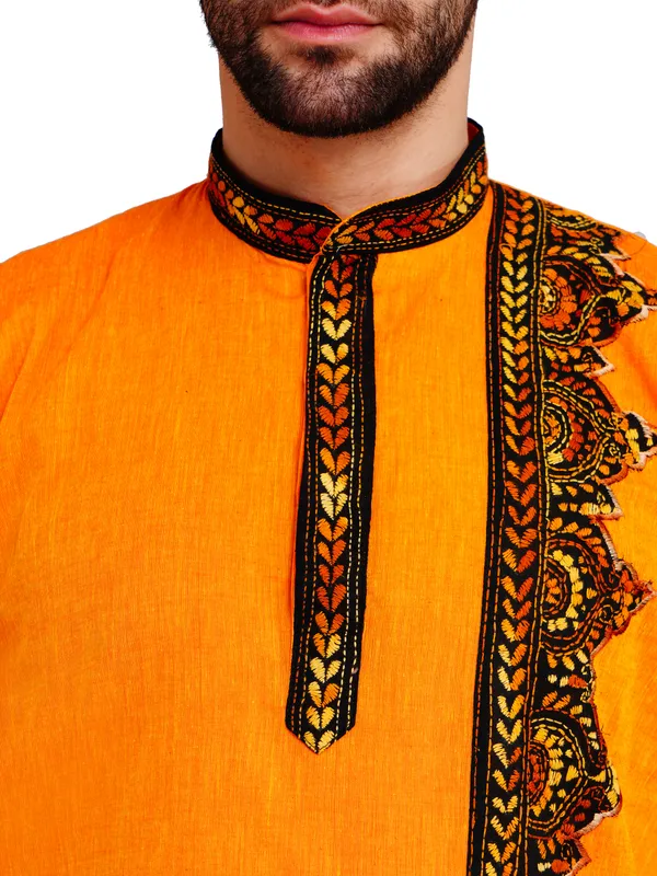 Orange_And_White_Cotton_Embroidered_Kurta_Pajama_Set_For_Men