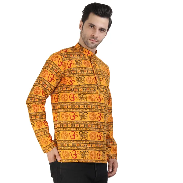 Yellow_Cotton_Printed_Mandarin_Collar_Kurta_For_Men