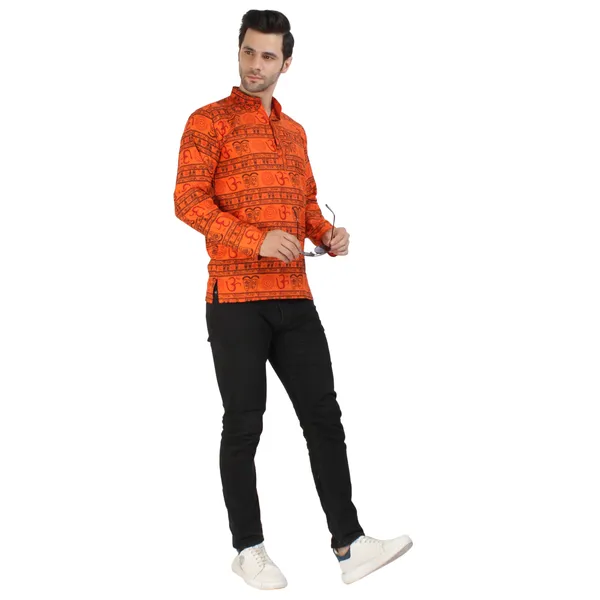 Orange_Cotton_Regular_Fit_Om_Print_Full_Sleeve_Short_Kurta_For_Men