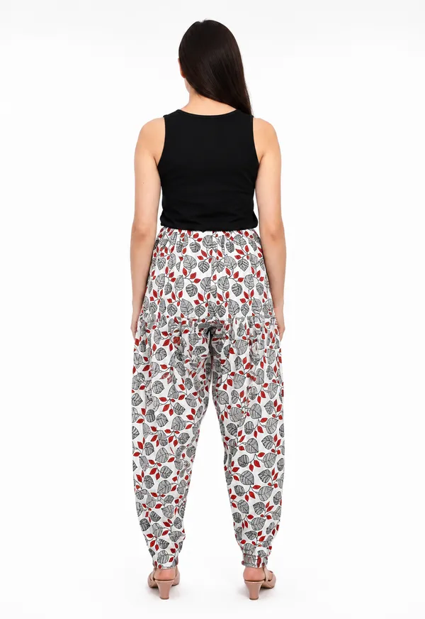 White_Cotton_Harem_Floral_Print_Pants_For_Women
