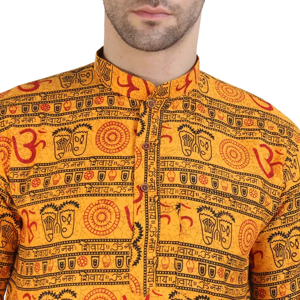 Yellow_Cotton_Printed_Mandarin_Collar_Kurta_For_Men