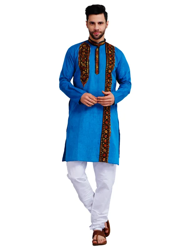 Blue_And_White_Cotton_Relaxed_Fit_Embroidered_Panel_Kurta_For_Men