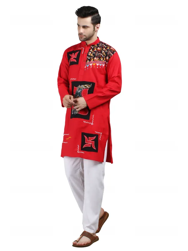 Red_Cotton_Straight_Fit_Embroidered_Ethnic_Kurta_For_Men