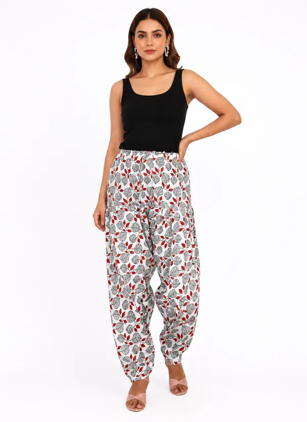 White_Cotton_Harem_Floral_Print_Pants_For_Women