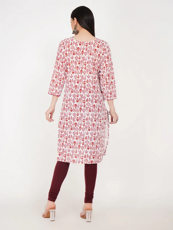 White_And_Red_Cotton_Straight_Fit_Floral_Print_Kurti_For_Women