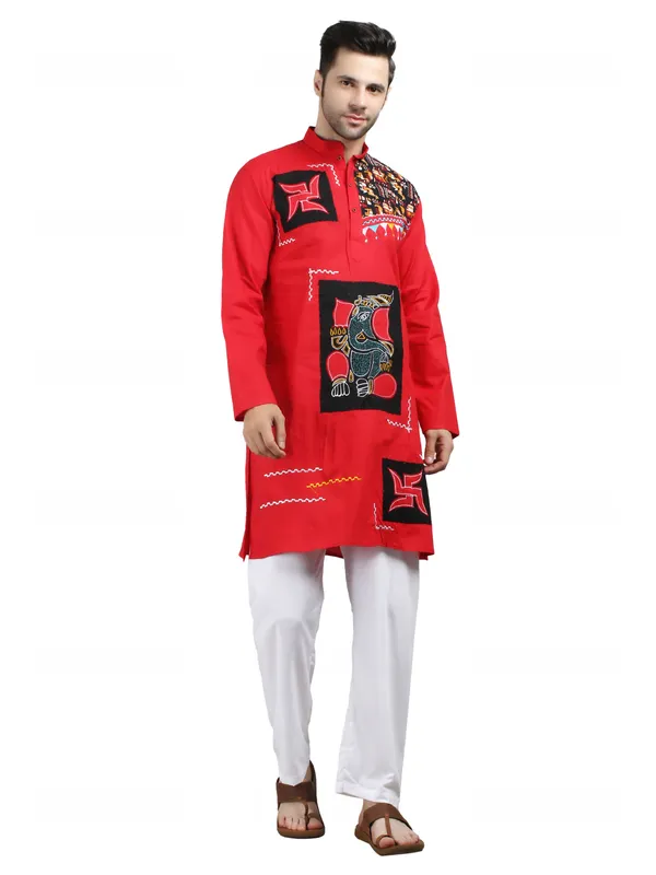 Red_Cotton_Straight_Fit_Embroidered_Ethnic_Kurta_For_Men