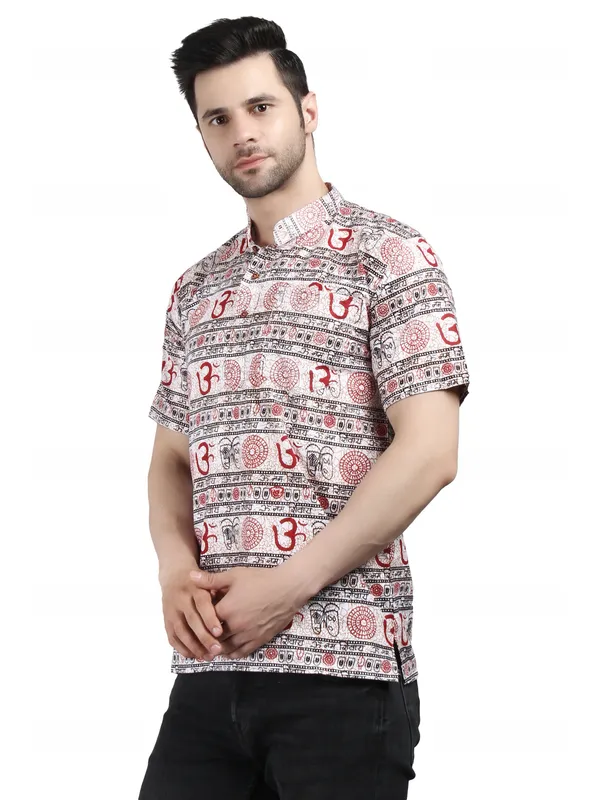 White_And_Red_Cotton_Ethnic_Print_Mandarin_Collar_Shirt_For_Men