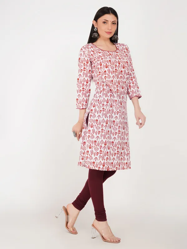 White_And_Red_Cotton_Straight_Fit_Floral_Print_Kurti_For_Women