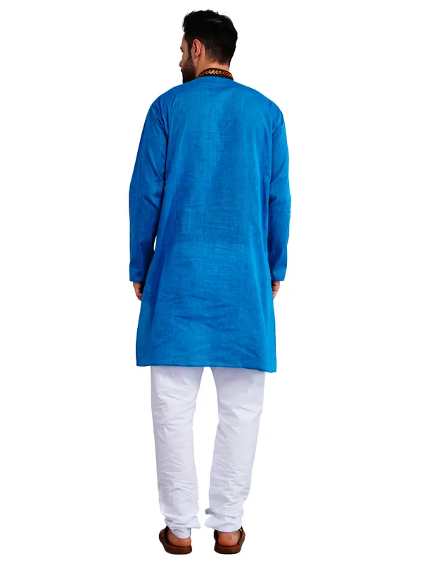 Blue_And_White_Cotton_Relaxed_Fit_Embroidered_Panel_Kurta_For_Men