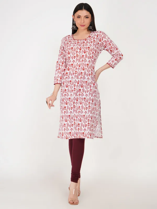 White_And_Red_Cotton_Straight_Fit_Floral_Print_Kurti_For_Women
