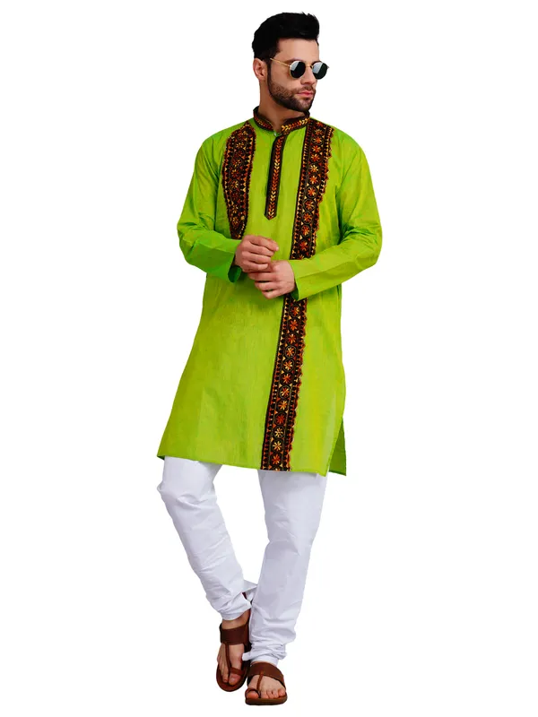 Green_And_White_Cotton_Straight_Fit_Embroidered_Kurta_Pajama_Set_For_Men